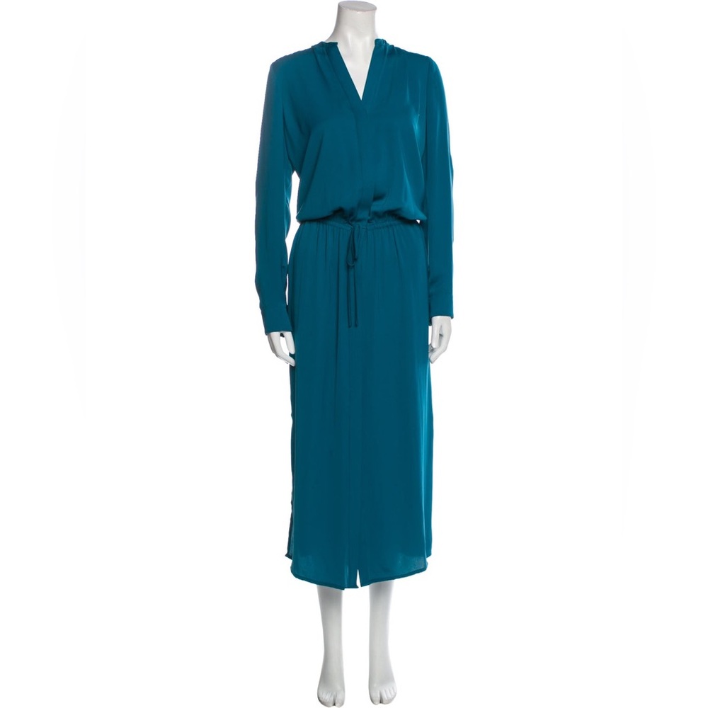 Vince V Neck Maxi Dress XS Blue Teal Long Sleeve Tie Waist